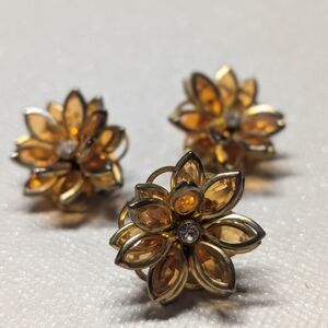Elegant Gold Plated Flower Earrings And Ring Set Vintage Costume Orange